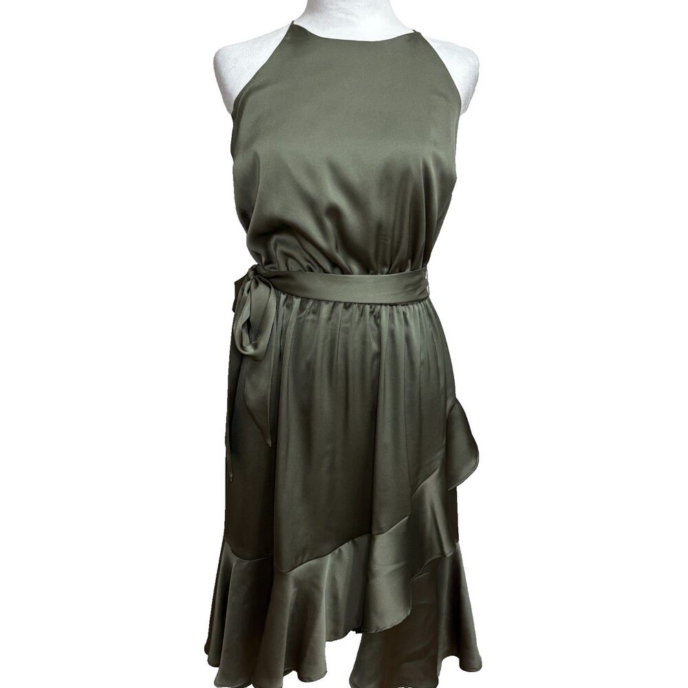 JLo Satin Halter Dress Womens S Olive Green Wrap Skirt Romantic‎ Chic Wedding